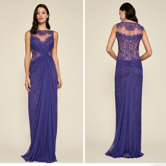 TADASHI SHOJI ARIES LACE & CHIFFON SLIT GOWN - Picture 1 of 14
